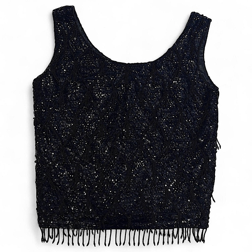 VTG 60s Beaded Sequin Wool Tank Top Black Fringe Flapper Hong Kong S